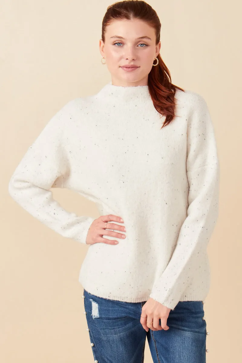 Speckled Mock Neck Drop Shoulder Sweater Velcro Fasten