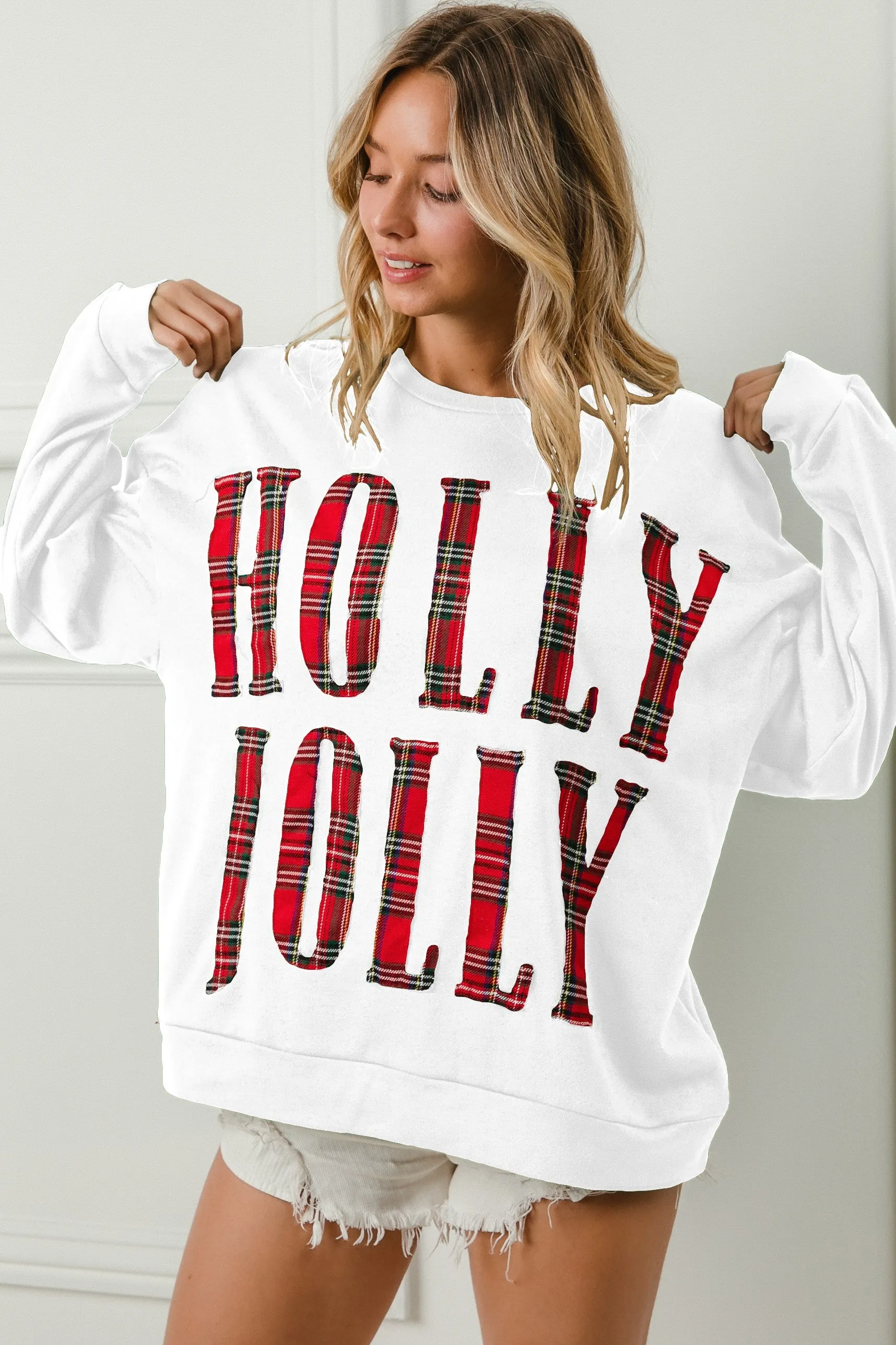 IT1508G-44 | PLAID HOLLY JOLLY LETTERING CHRISTMAS SWEATSHIRT Weather Ready