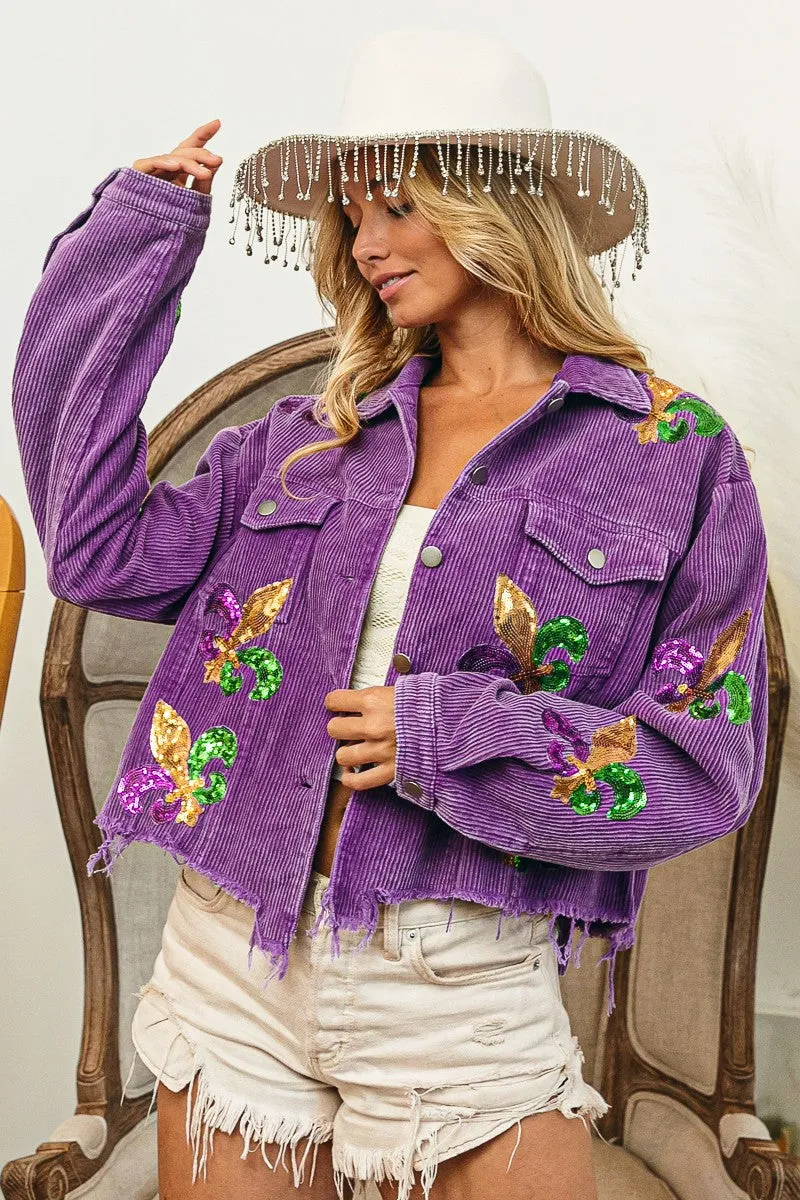 Hidden Zipper IP6187G-18 | FLEUR DE LIS SEQUIN PATCHES MARDI JACKET