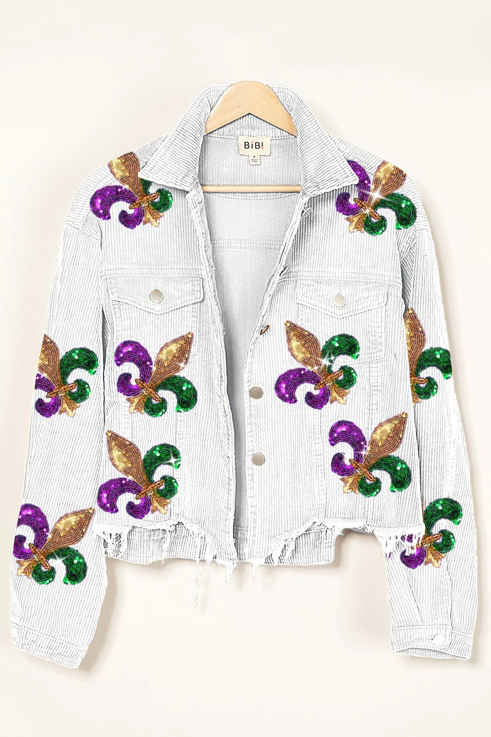 Utility Inspired Look Sunday Walk Style IP6187G-18 | FLEUR DE LIS SEQUIN PATCHES MARDI JACKET
