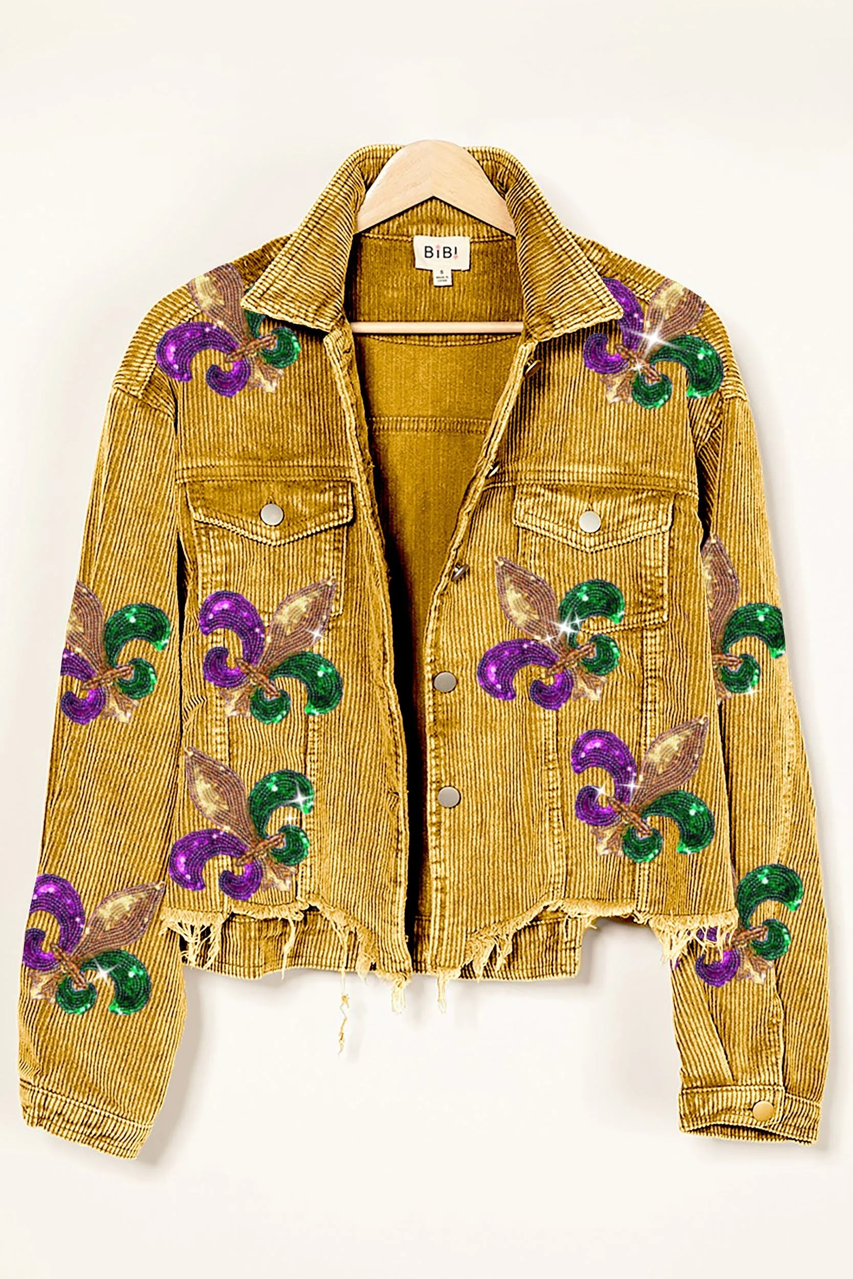 Effortless Layer Plaid Design IP6187G-18 | FLEUR DE LIS SEQUIN PATCHES MARDI JACKET