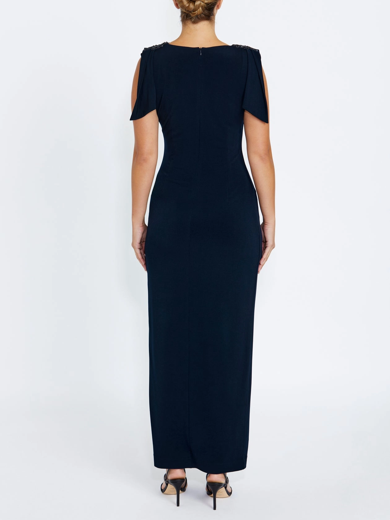 Hebe Navy Jersey Gown Ruched Detail