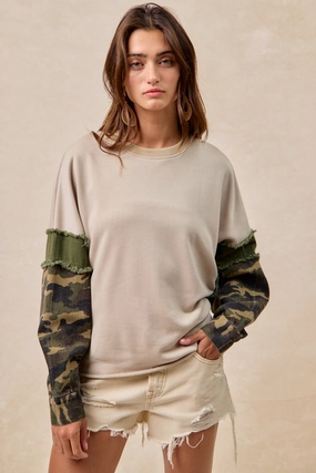 Snow Ready Outfit Basic Essential Layer IT4603S-03P | FRENCH TERRY WITH CAMO SLEEVE TOP WITH FRAYED EDGE