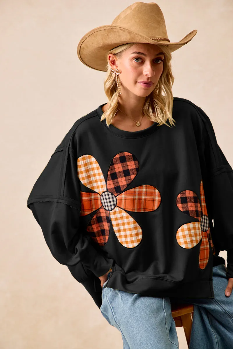 Simple Fit IT3426G-28 | PLAID MIX FLOWER PATCHWORK FRENCH TERRY SWEATSHIRT