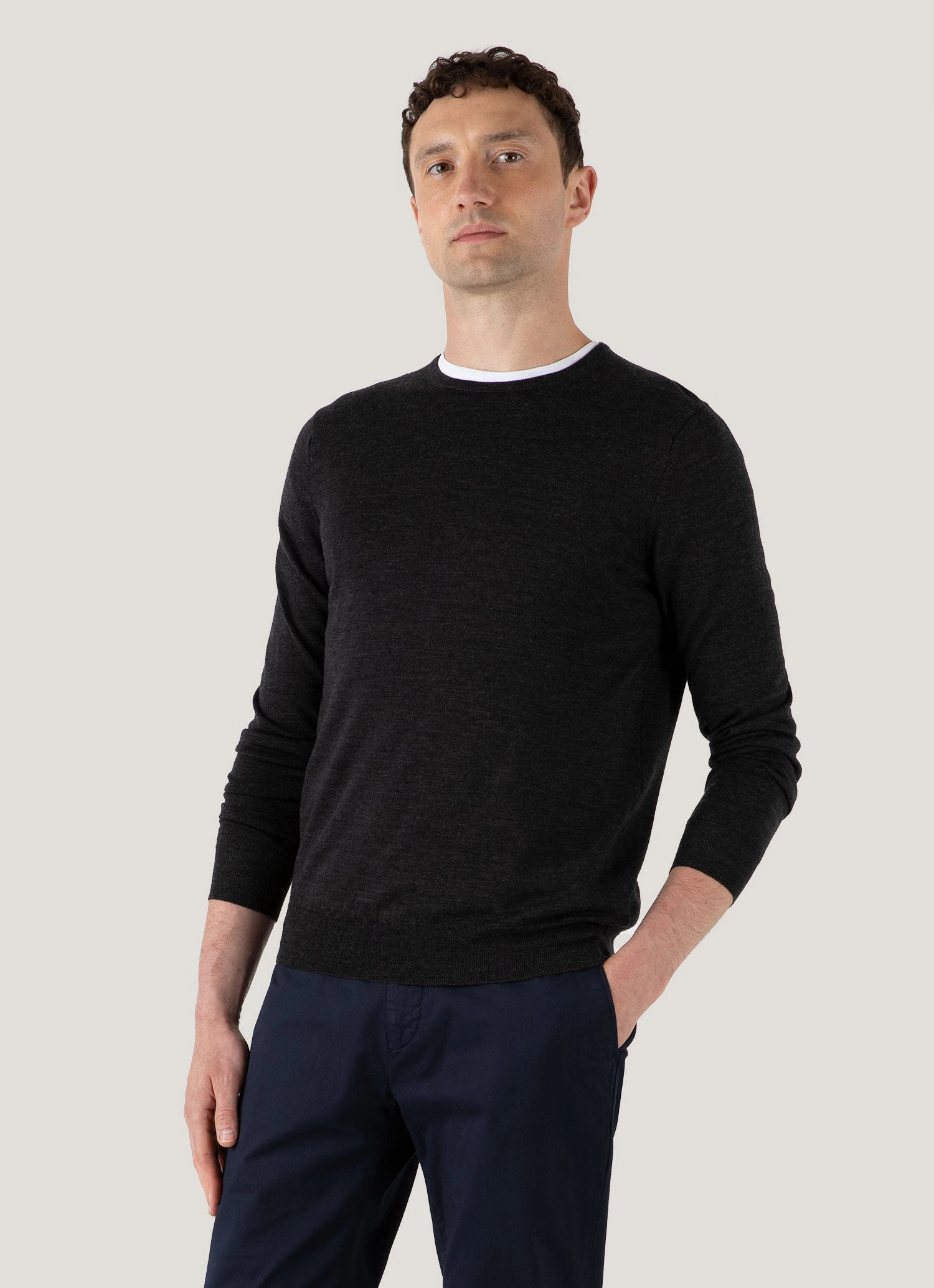 High Neck Windproof Men's Extra-Fine Merino Crew Neck in Charcoal Melange