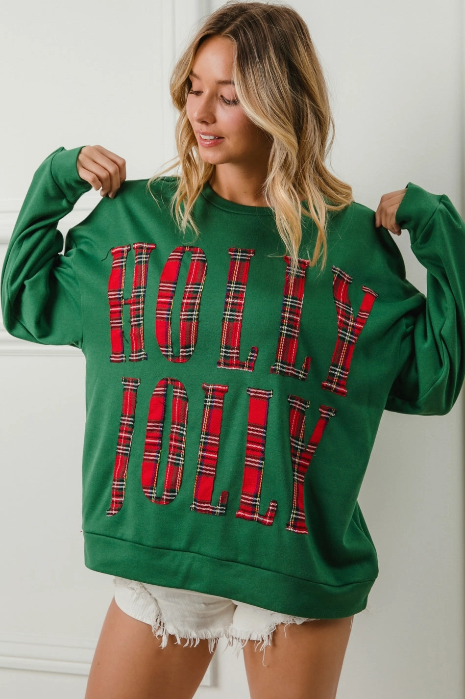 IT1508G-44P | PLAID HOLLY JOLLY LETTERING CHRISTMAS SWEATSHIRT Quick Move Padded hips
