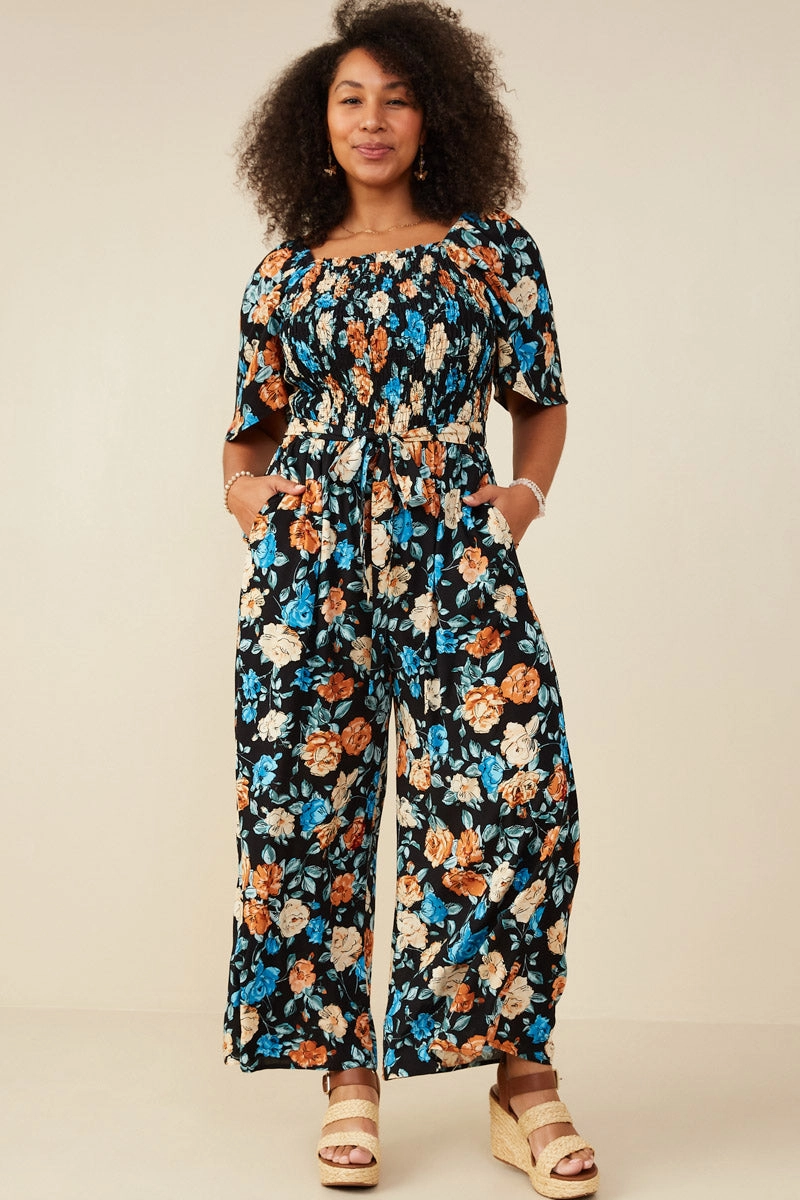 Romantic Floral Self Tie Wide Leg Jumpsuit Casual event outfit