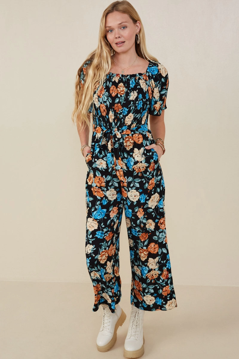 Texture Edge Chic Ensemble Romantic Floral Self Tie Wide Leg Jumpsuit