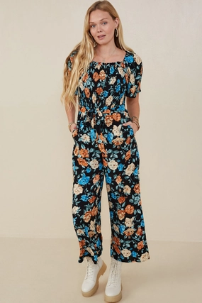 Ruched-Detail Playful and flirty dress Romantic Floral Self Tie Wide Leg Jumpsuit