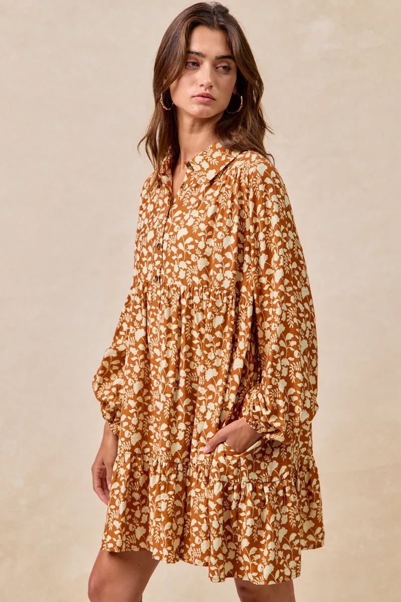 ID2029G-18 | FLORAL PRINT SHIRRING HALF BUTTONED TIERED SHIRT DRESS Travel Functional Wear Cold Ready Look