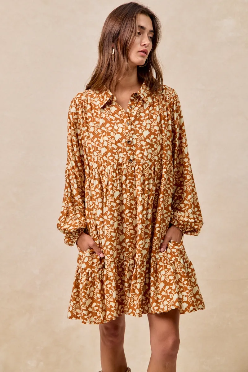 Timeless Fit Style Simple Modern Piece ID2029G-18 | FLORAL PRINT SHIRRING HALF BUTTONED TIERED SHIRT DRESS