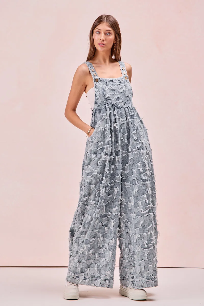 Stylish Waistband IB1130G-51 | FRAYED TEXTURE CHECKER DENIM OVERALLS WITH SIDE POCKETS