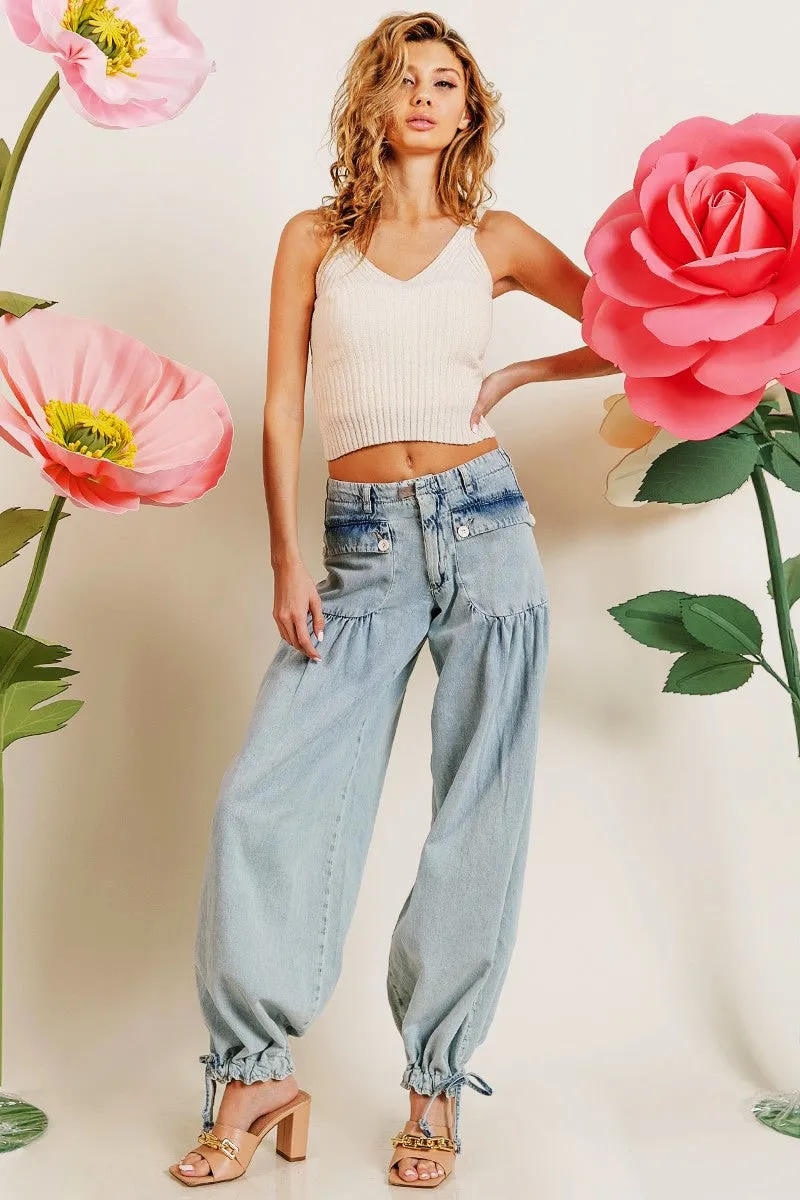 Versatile use IB1150-01 | WASHED DENIM WIDE LEG PANTS WITH TIE HEM DETAIL