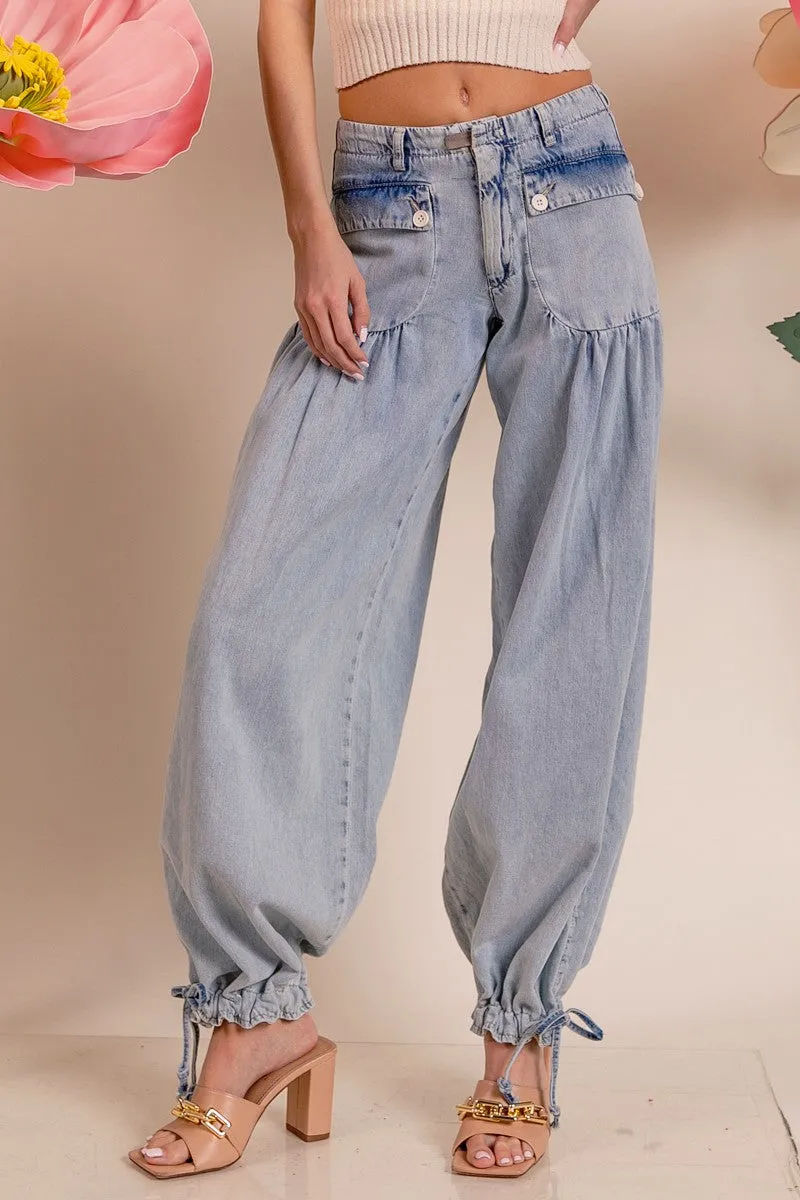 All Day Comfort Smart Casual IB1150-01 | WASHED DENIM WIDE LEG PANTS WITH TIE HEM DETAIL
