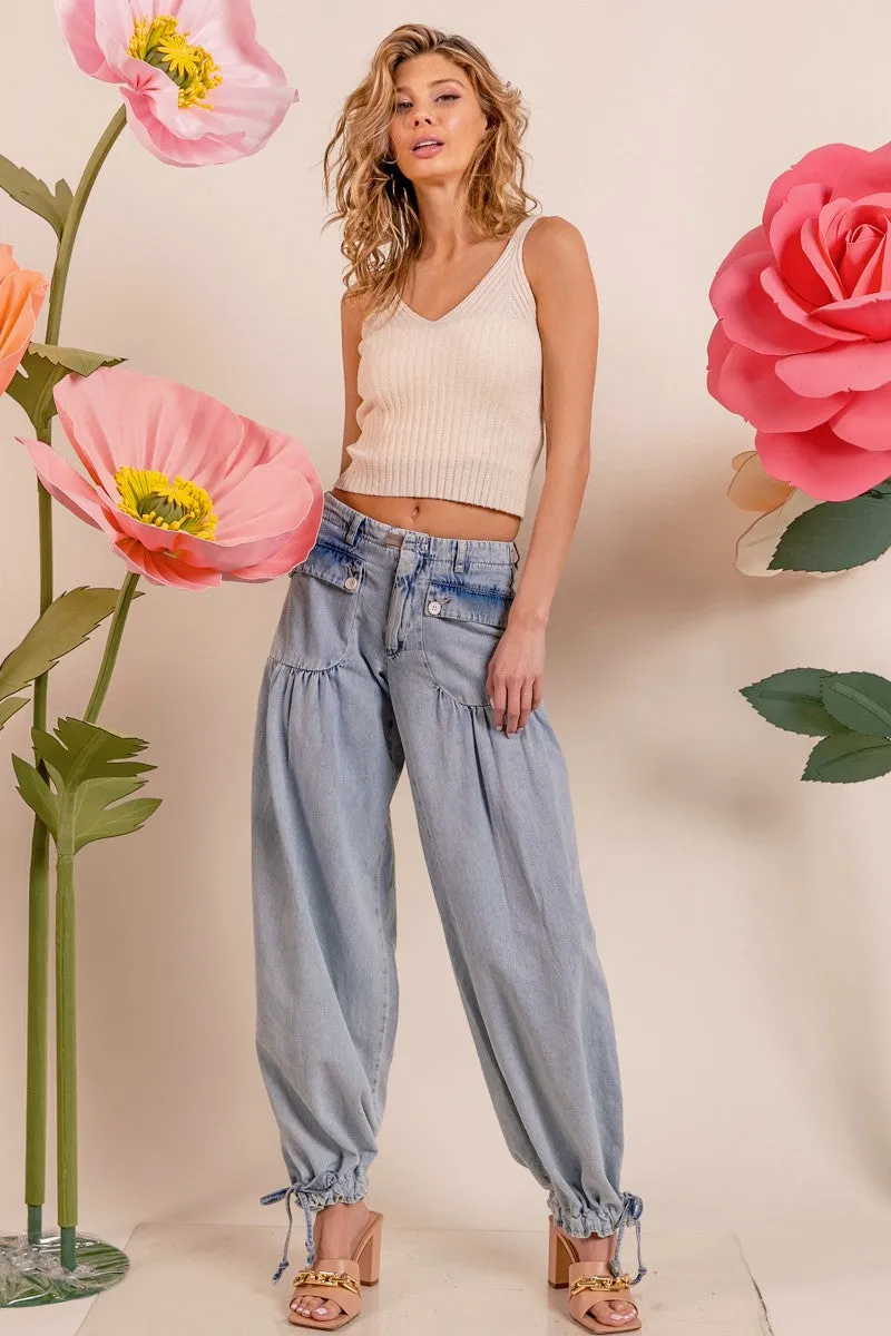 IB1150-01 | WASHED DENIM WIDE LEG PANTS WITH TIE HEM DETAIL Simple Utility