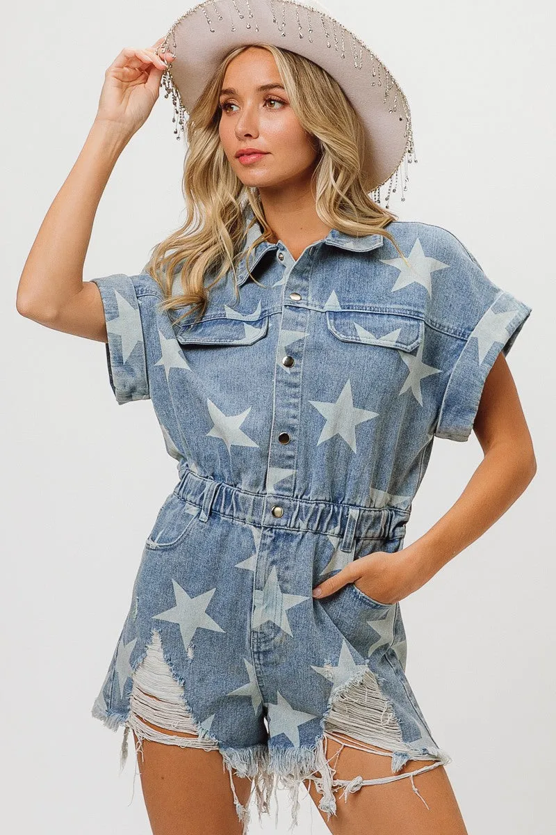 IB1159J-04 | VINTAGE STAR DENIM DISTRESSED ROMPER High-rise waist