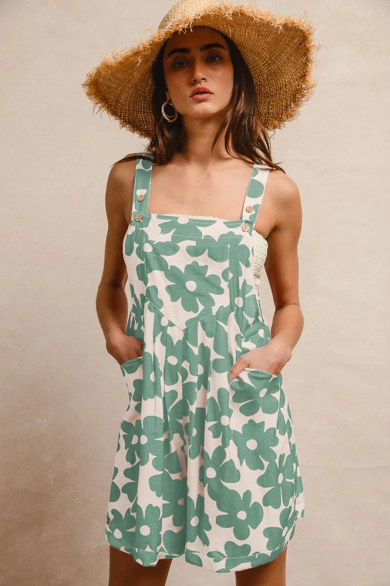 IB1162-38 | FLORAL PRINTS TUCK DETAIL SHORT OVERALL WITH POECKET Corduroy texture