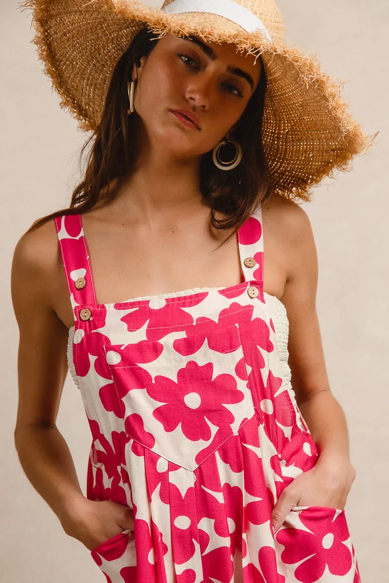 Adjustable drawstring IB1162-38P | FLORAL PRINTS TUCK DETAIL SHORT OVERALL WITH POECKET