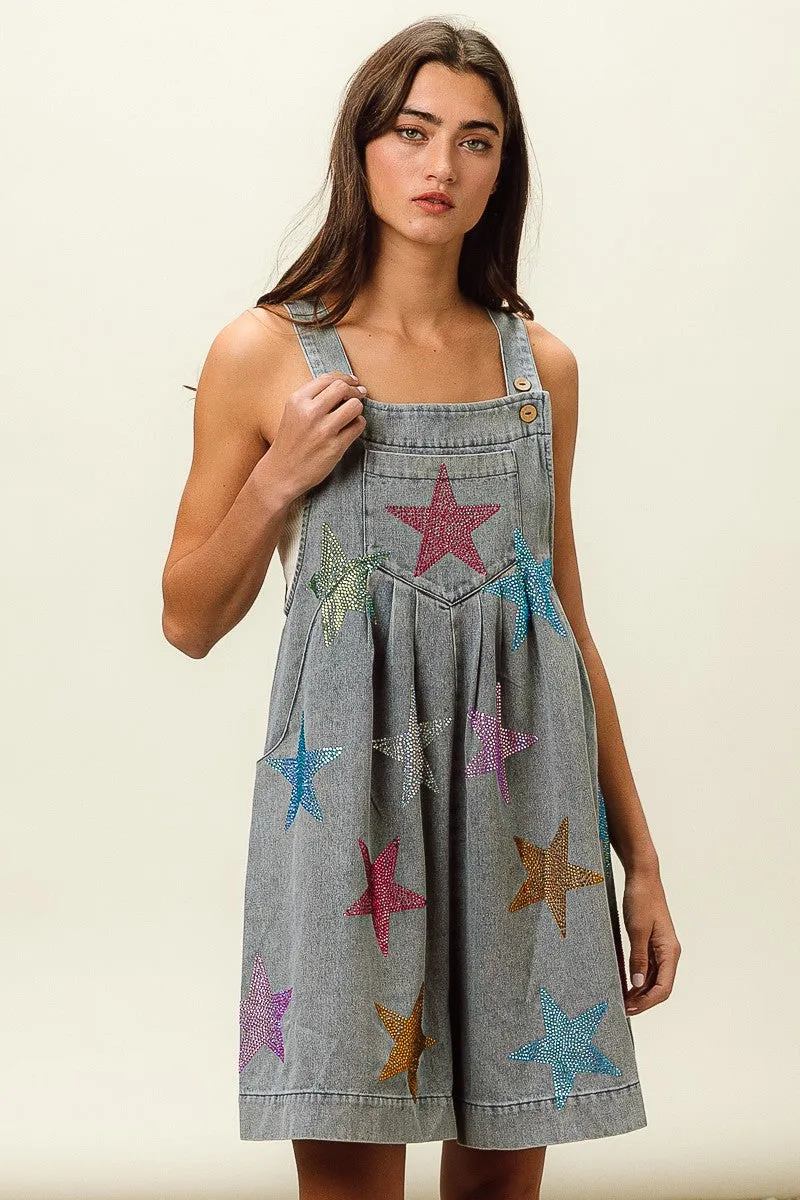 Wrinkle-Resistant IB1162G-14 | STAR RHINESTONE WASHED WIDE LEG SHORTALLS