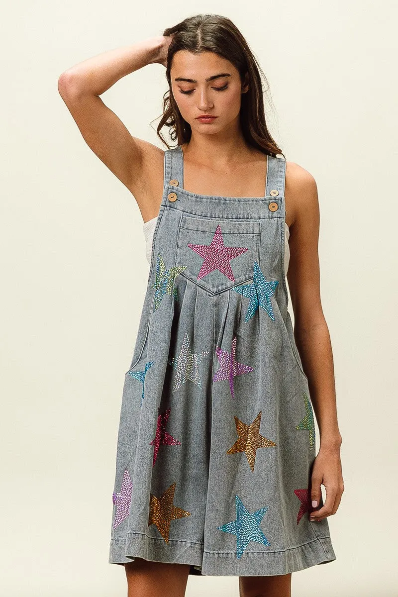 Decorative stitching Elastic waist IB1162G-14 | STAR RHINESTONE WASHED WIDE LEG SHORTALLS