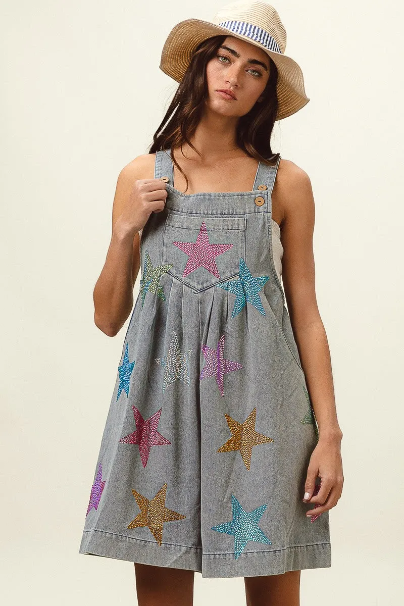 IB1162G-14 | STAR RHINESTONE WASHED WIDE LEG SHORTALLS UV Protection Fashion-Forward