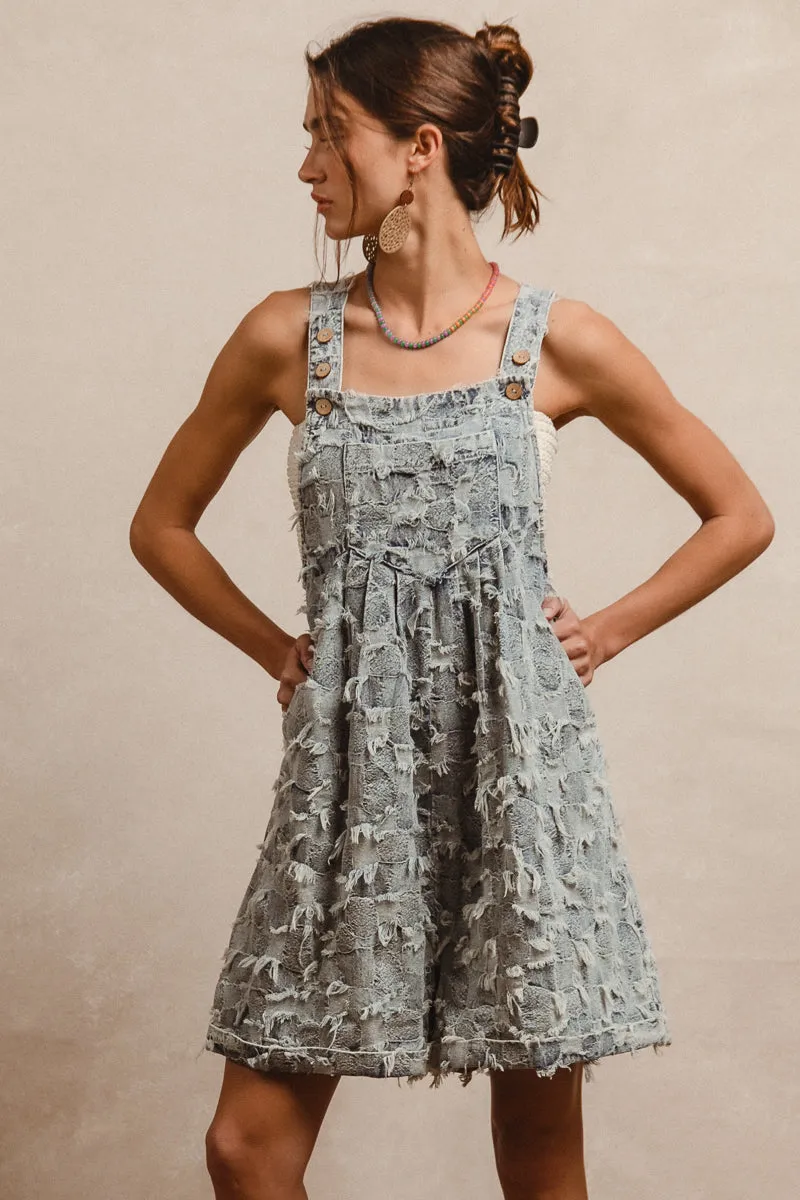 IB1162G-28P | FRAYED TEXTURE CHECKER DENIM SHORTALL WITH SIDE POCKETS Tall Length Smart Motion
