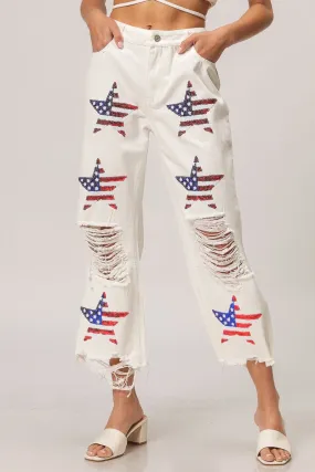 IB1171G-11 | SEQUIN AMERICAN FLAG STAR PANTS Versatile staple Adjustable Waist