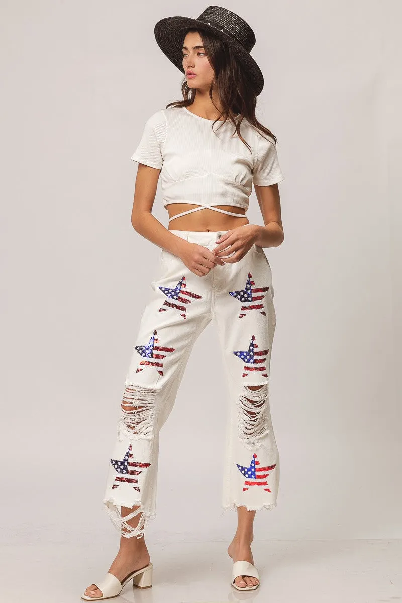IB1171G-11 | SEQUIN AMERICAN FLAG STAR PANTS Weather Flex