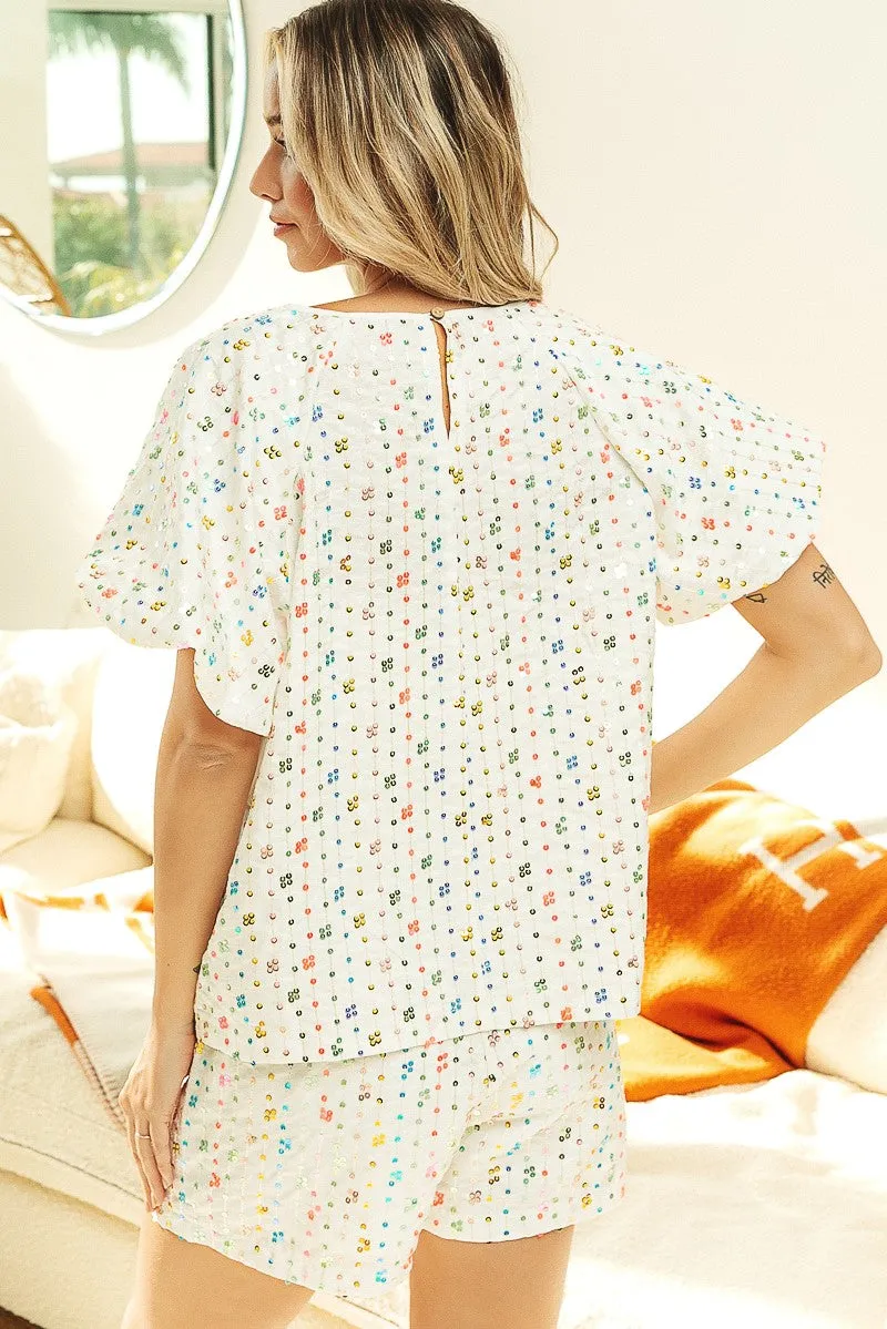 Roomy Fit Tailored Fit IB1268G-06 | SEQUIN STRIPED RAGLAN TOP SHORT SET