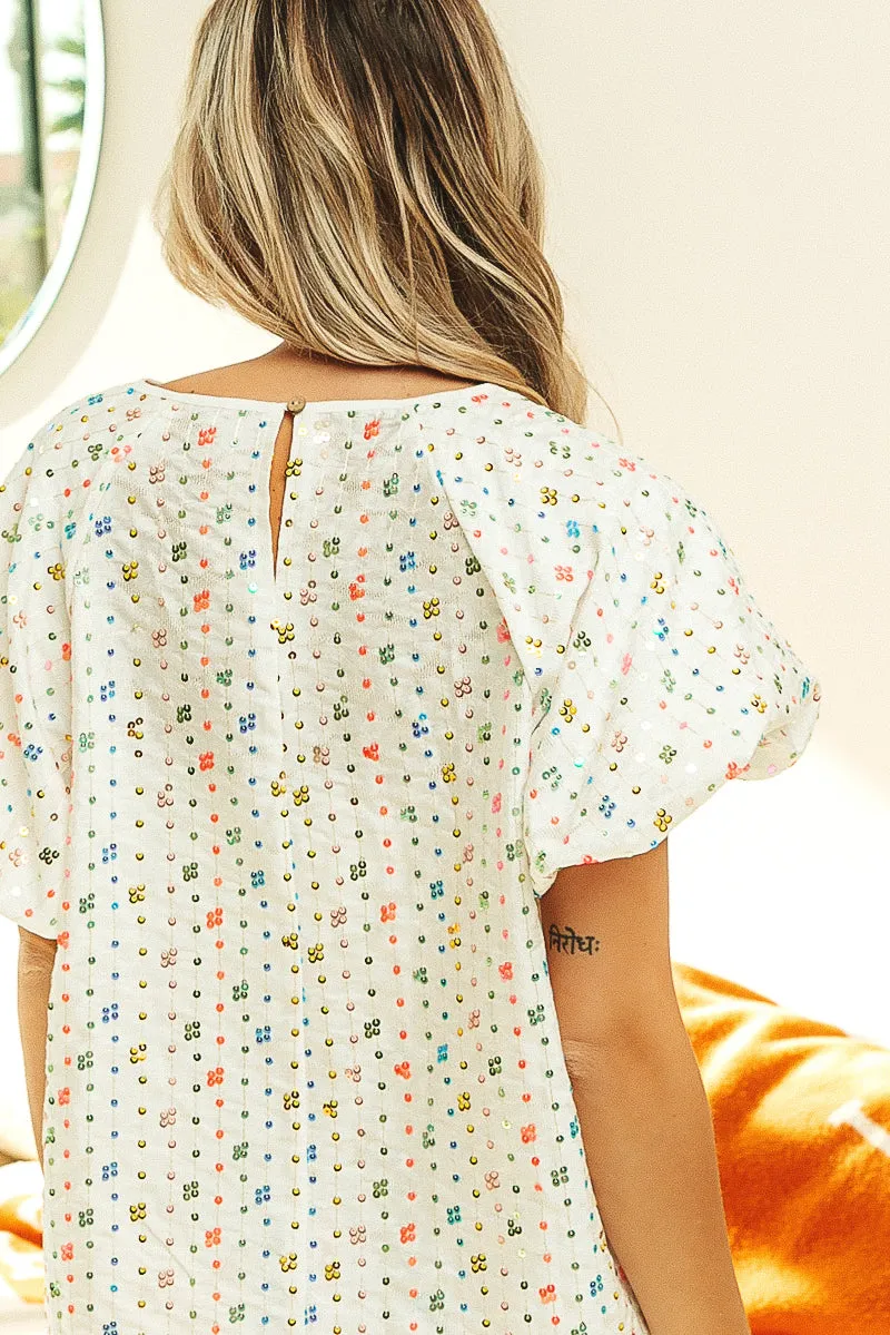 wrinkle free IB1268G-06 | SEQUIN STRIPED RAGLAN TOP SHORT SET