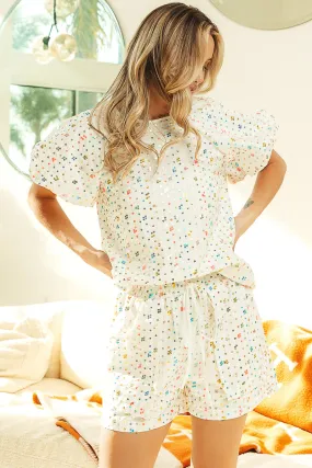 Relaxed Comfort Seasonless wear IB1268G-06 | SEQUIN STRIPED RAGLAN TOP SHORT SET