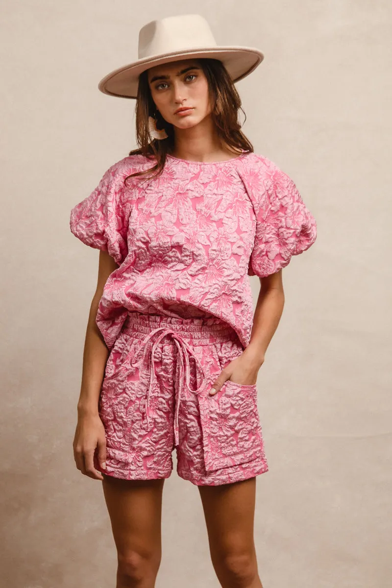 IB1268G-09 | FLORAL PATTERN TEXTURE PUFF SLEEVES TOP AND SHORTS SET Customizable length City Ready