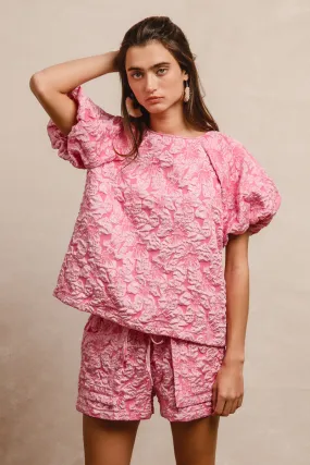IB1268G-09 | FLORAL PATTERN TEXTURE PUFF SLEEVES TOP AND SHORTS SET Modern Edge