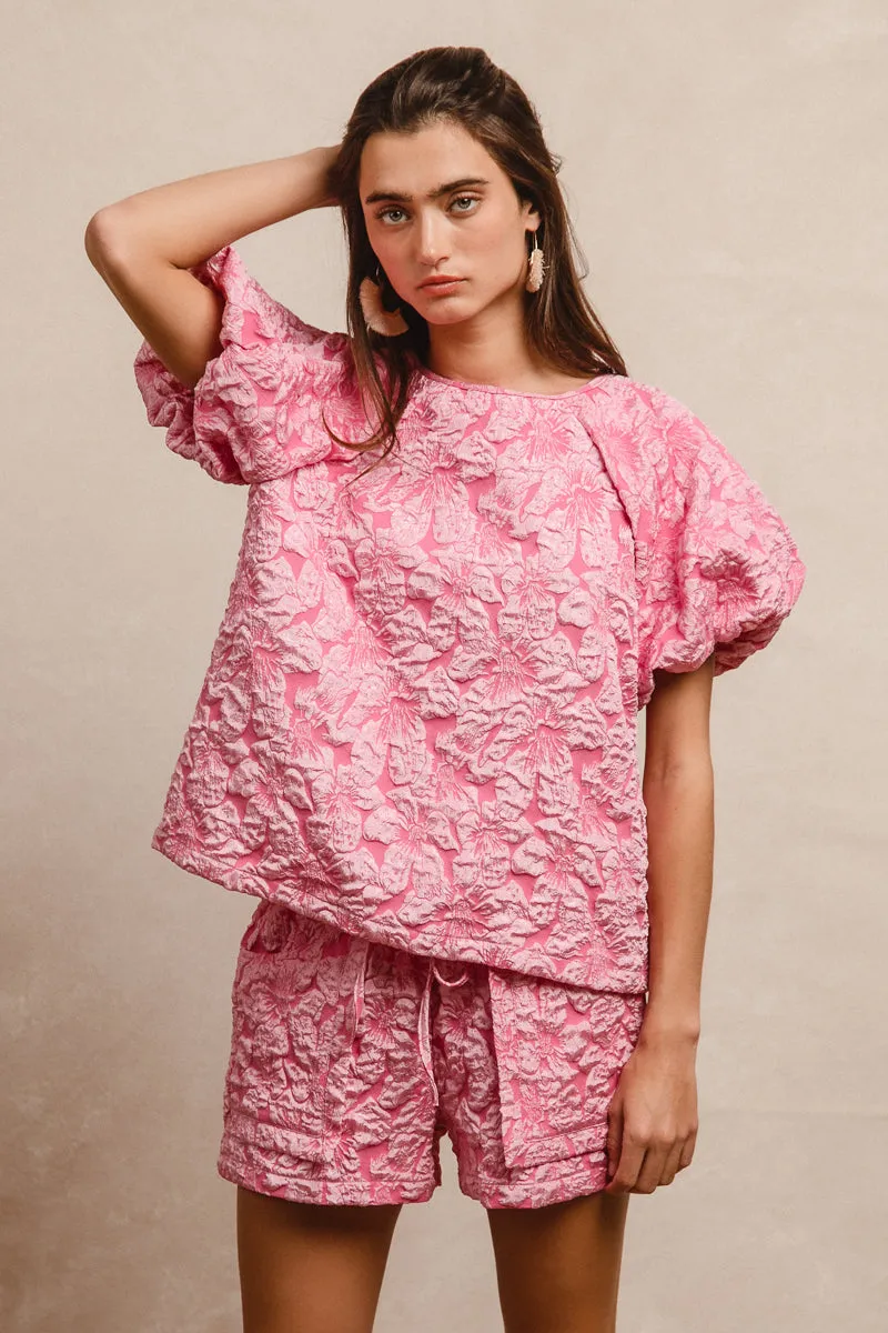 IB1268G-09 | FLORAL PATTERN TEXTURE PUFF SLEEVES TOP AND SHORTS SET Zip-off legs Linen blend