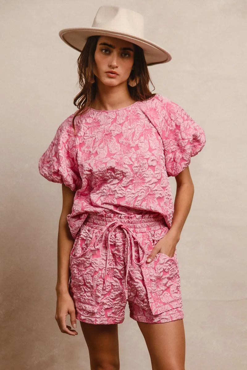 IB1268G-09 | FLORAL PATTERN TEXTURE PUFF SLEEVES TOP AND SHORTS SET Cozy Design Flowy legs