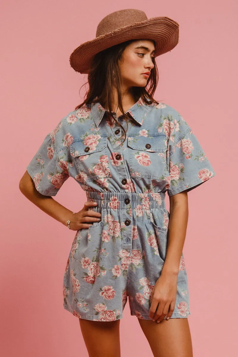 Cotton comfort IB1330G-02 | FLORAL PRINT WASHED LIGHTWEIGHT ROMPER