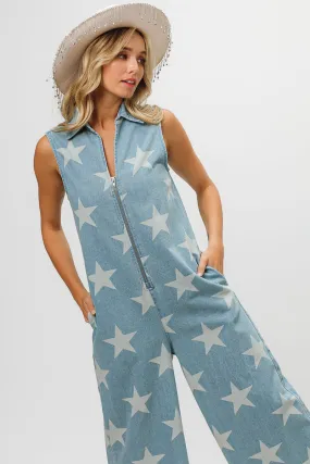 Layer Ready Training Comfort IB1337J-01 | VINTAGE STAR PRINT DENIM ZIP UP OVERALL JUMPSUIT
