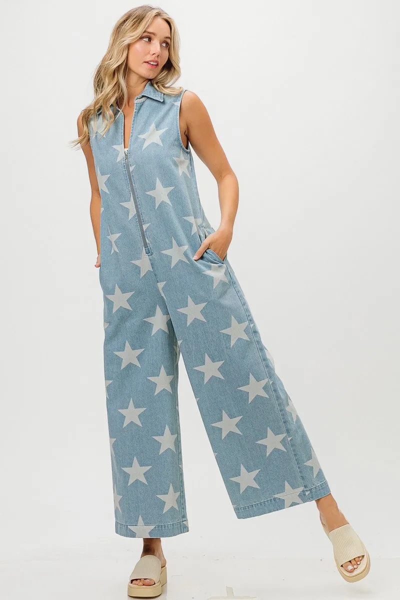 Zipper Closure High Quality Material IB1337J-01 | VINTAGE STAR PRINT DENIM ZIP UP OVERALL JUMPSUIT