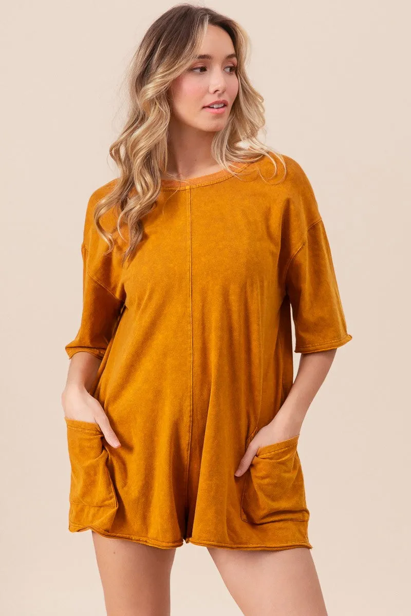 Long Lasting IB1373-01 | SHORT SLEEVE BACK OPEN VINTAGE WASHED ROMPER