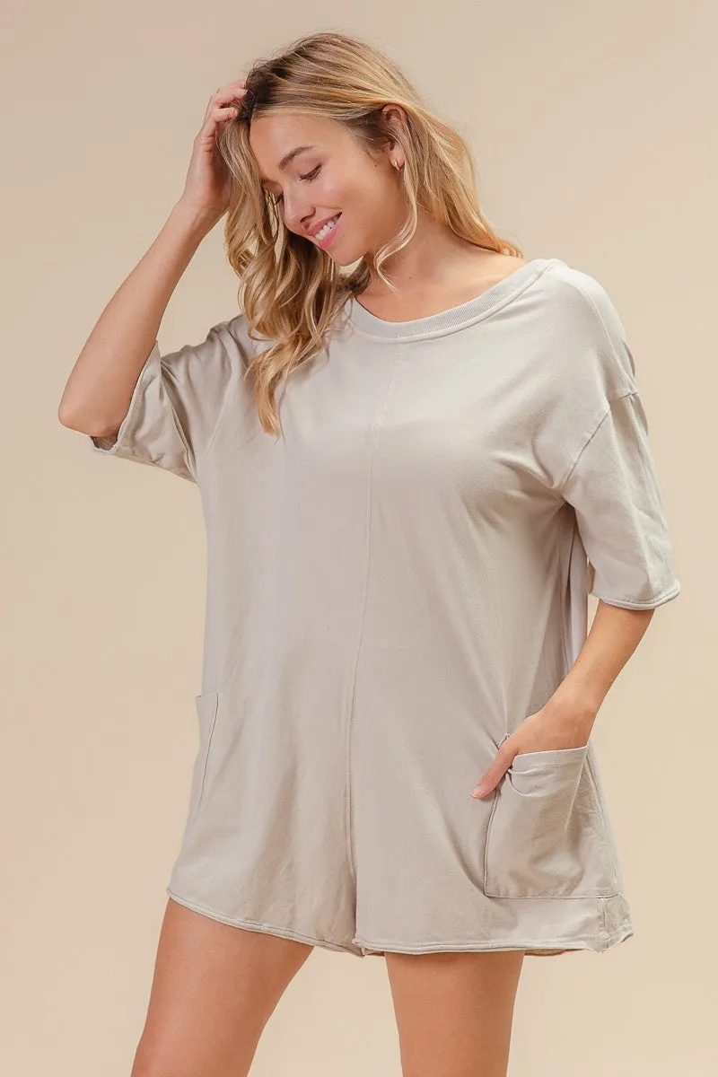 IB1373-01 | SHORT SLEEVE BACK OPEN VINTAGE WASHED ROMPER Relax Fit