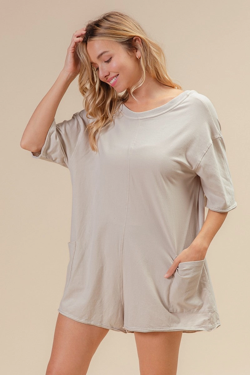 IB1373-01 | SHORT SLEEVE BACK OPEN VINTAGE WASHED ROMPER Simple Modern Piece