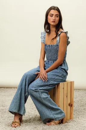 Flattering Waist IB1377-01 | SMOKING WASHED DENIM OVERALLS