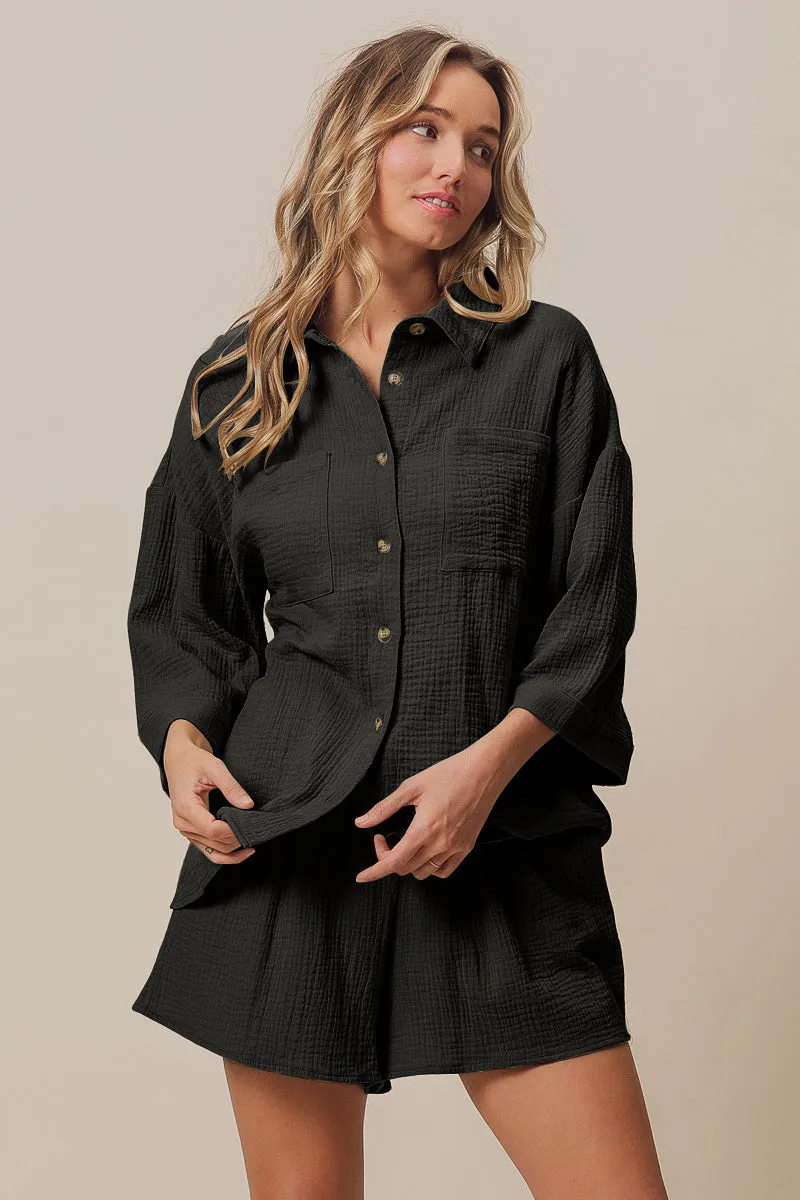 Soft Touch Wool blend IB1396G-01P | CRINKLE GAUZE SHIRT AND SHORT SET