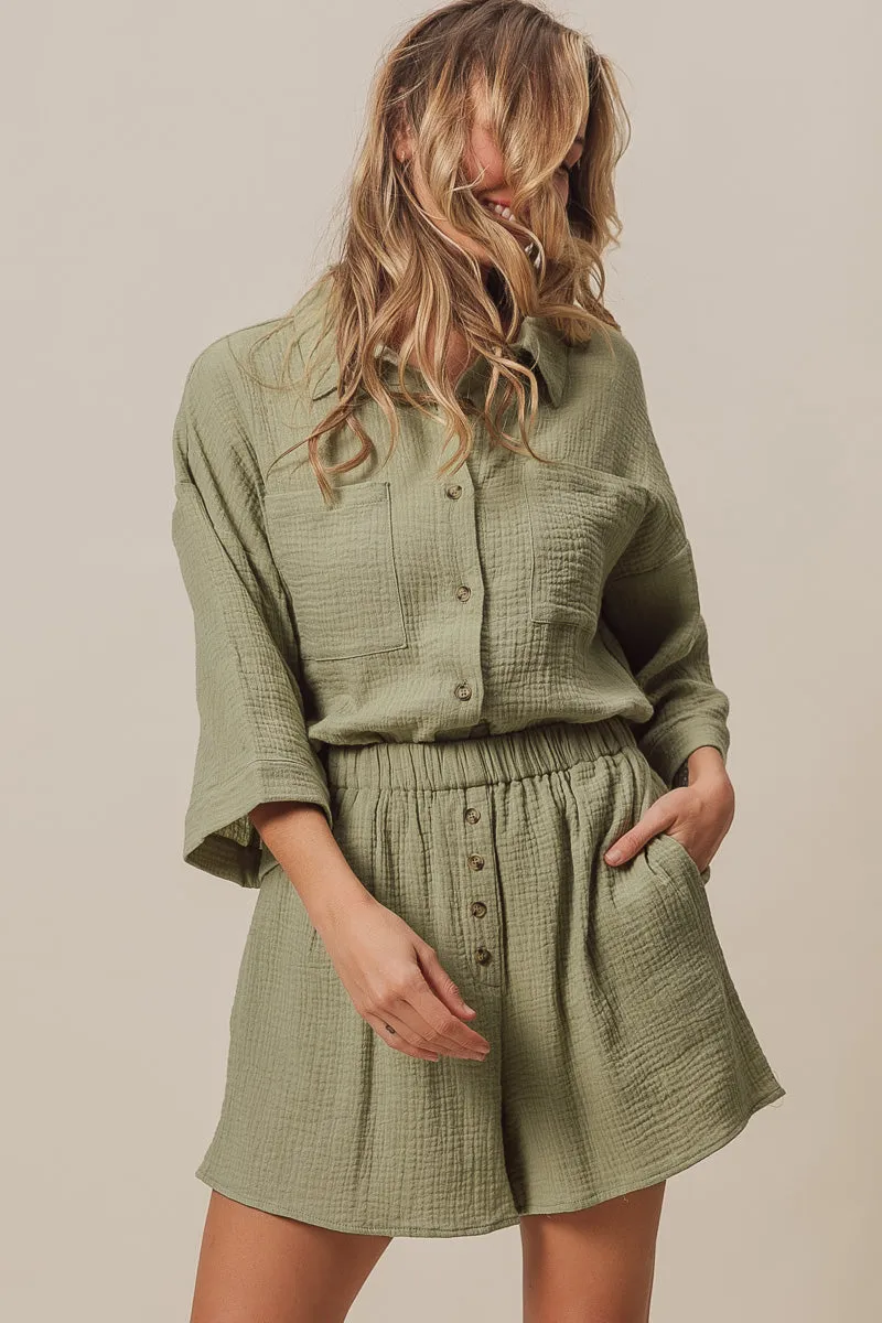 Transitional Style IB1396G-01P | CRINKLE GAUZE SHIRT AND SHORT SET