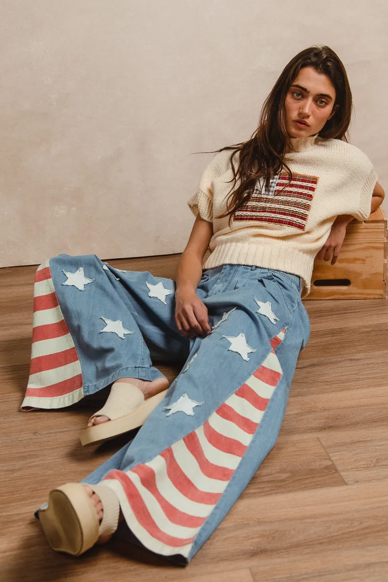 IB1476G-09 | VINTAGE WASHED AMERICAN FLAG THEME STAR PATCHES WIDE CHAMBRAY PANTS Dynamic Fit