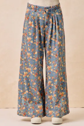 IB1476G-15 | VINTAGE WASHED FLORAL PRINTED WIDE DENIM PANTS Comfortable Feel