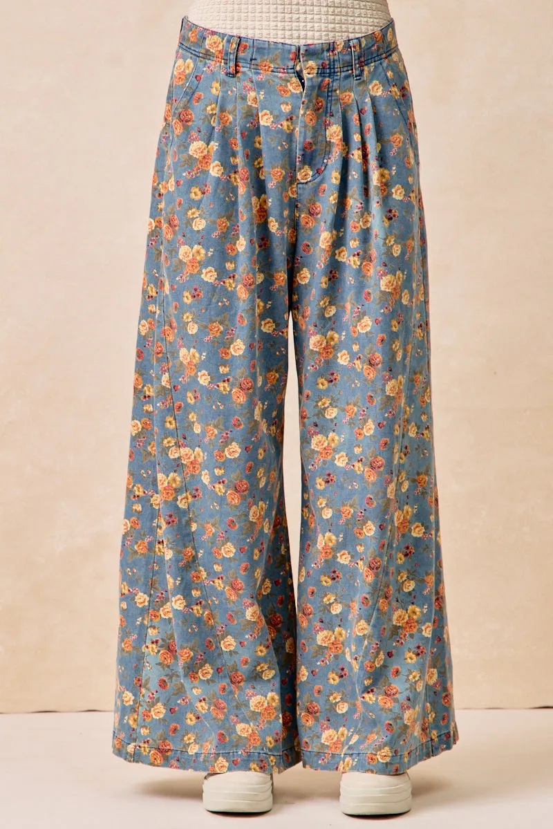 Outfit Staple Casual Vibe IB1476G-15 | VINTAGE WASHED FLORAL PRINTED WIDE DENIM PANTS