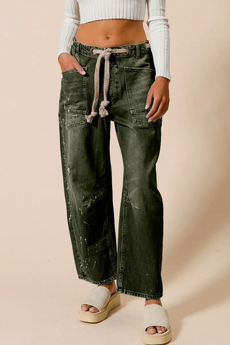 Classy Fit IB1537-01 | BRAIDED WAIST BELT DRIP PAINT WASHED DENIM PANTS