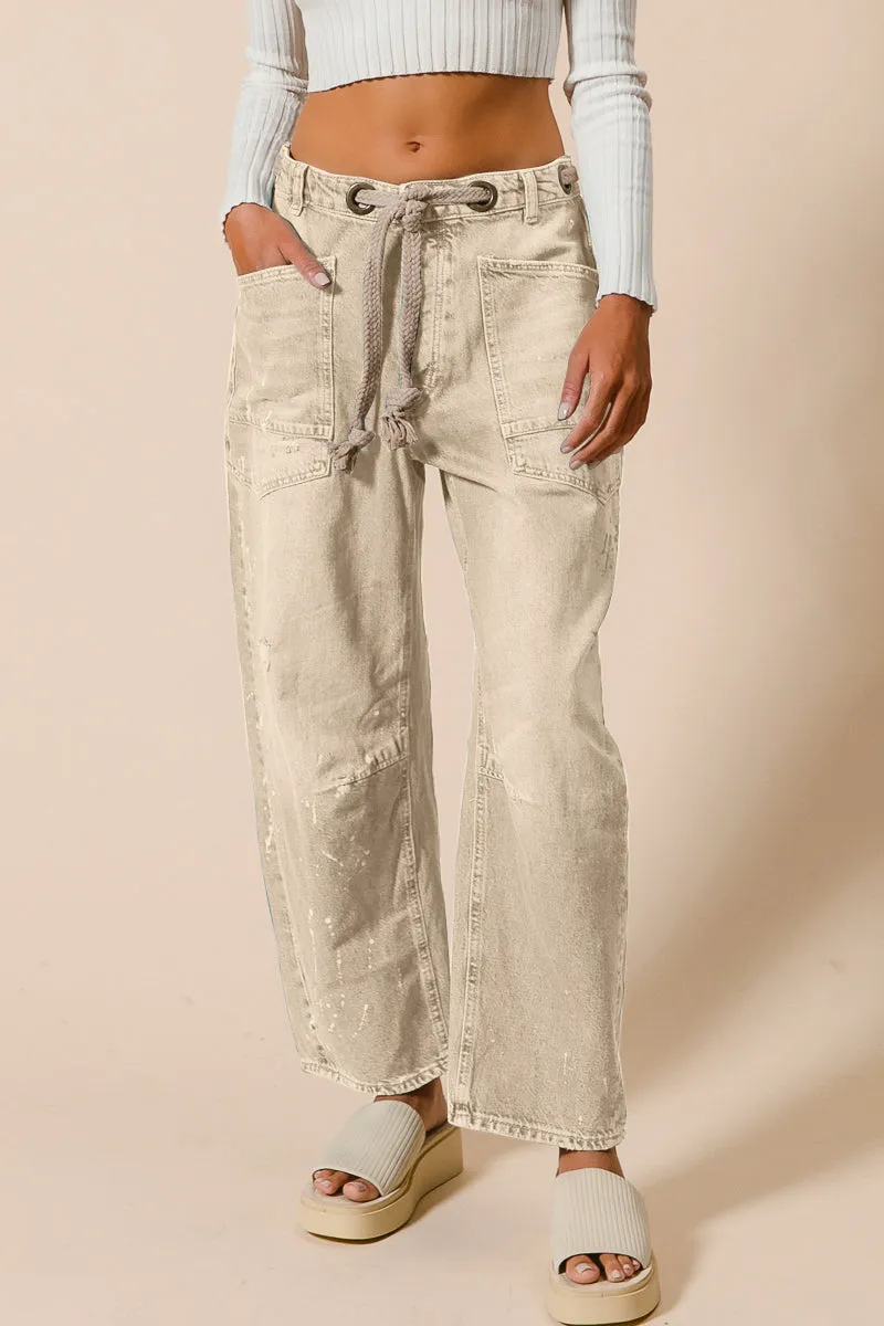 IB1537-01 | BRAIDED WAIST BELT DRIP PAINT WASHED DENIM PANTS Soft Texture Office Friendly