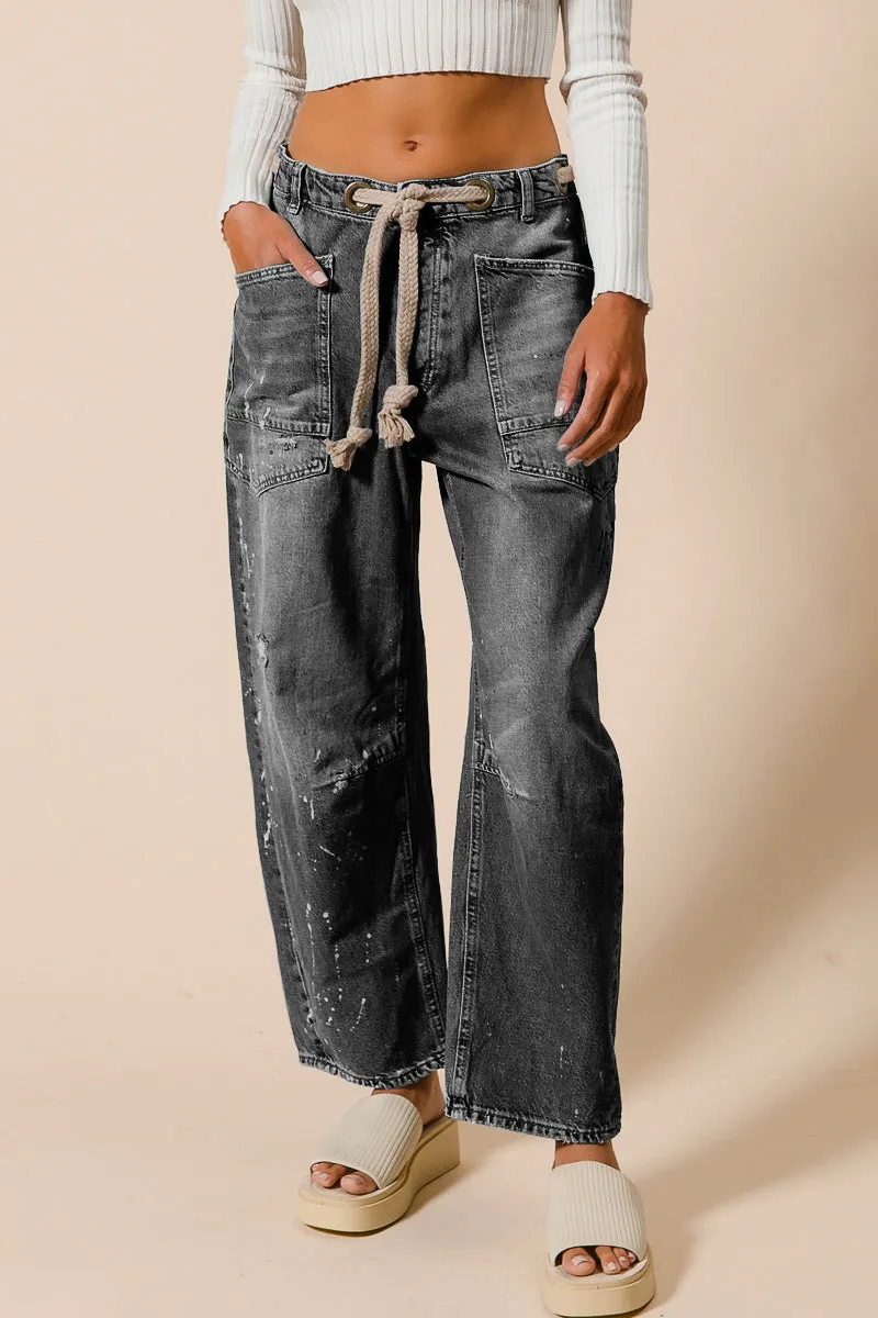 IB1537-01 | BRAIDED WAIST BELT DRIP PAINT WASHED DENIM PANTS Rayon drape